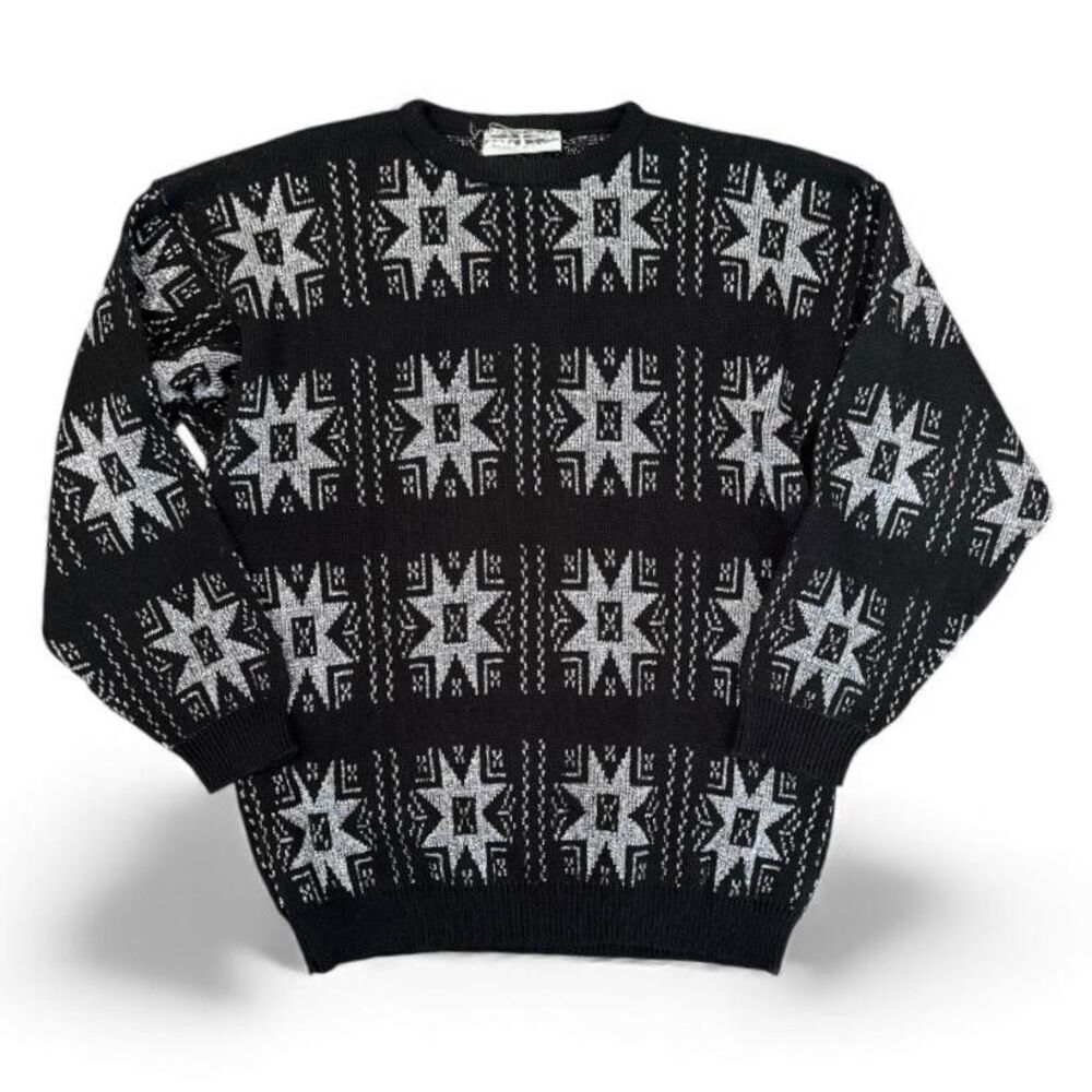 Vintage Breakaway Connection Sweater Size L Black Knit Star 80s 90s Geometric